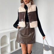 Color-Blocked Lambswool Vest With Leather & Fur Trim