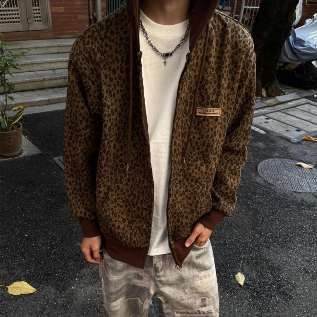 Retro Leopard-Print Hooded Cardigan Sweater - Loose-Fit Casual Outerwear Top