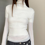 Slim-Fit High-Neck Short-Sleeve Knit Top