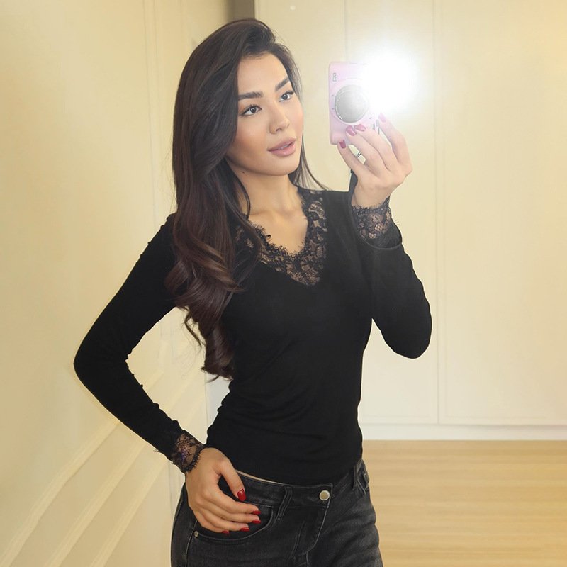 Women's V-Neck Lace Long-Sleeve Slim Fit Top