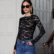 Womens Floral Lace Sheer Slim-Fit Long-Sleeve Top