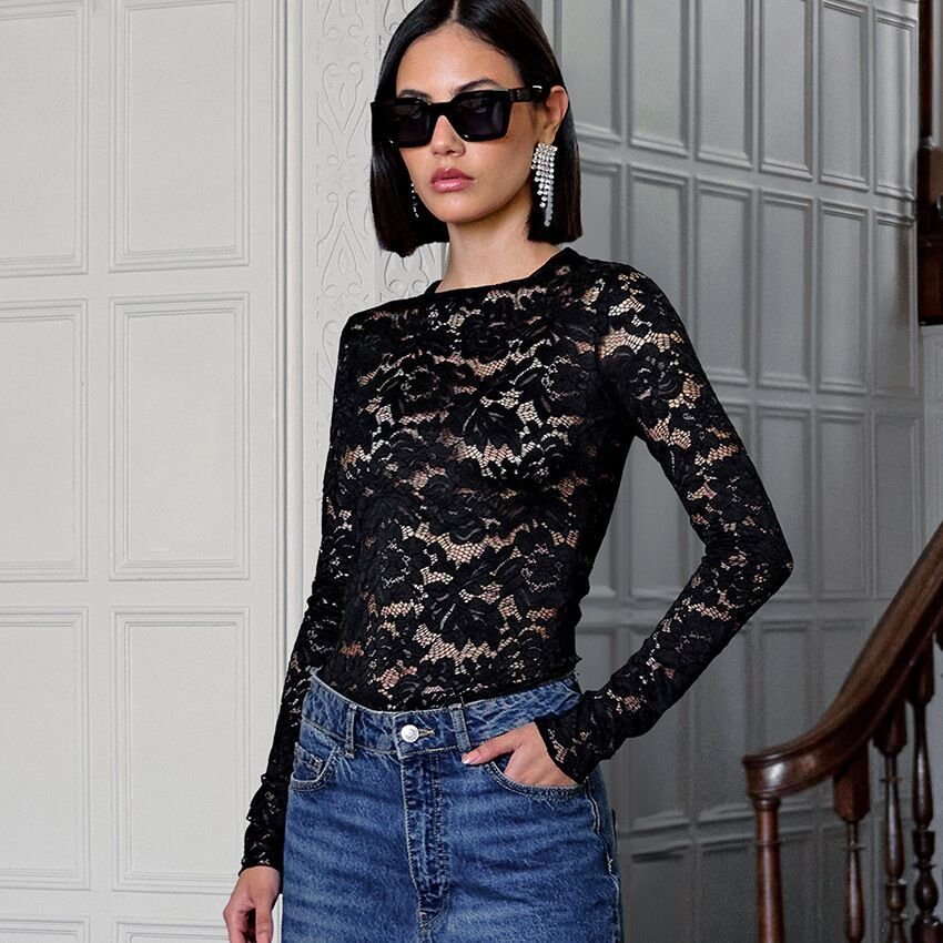Womens Floral Lace Sheer Slim-Fit Long-Sleeve Top