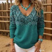 Women's Retro Print V-Neck Long Sleeve Tee