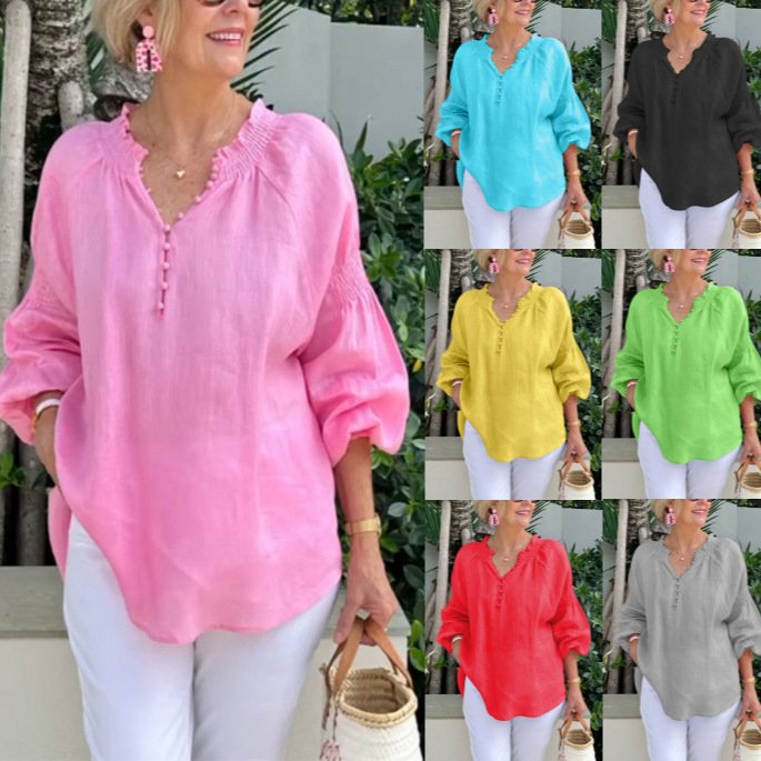 Women's Casual V-Neck Cotton-Linen Long-Sleeve Top