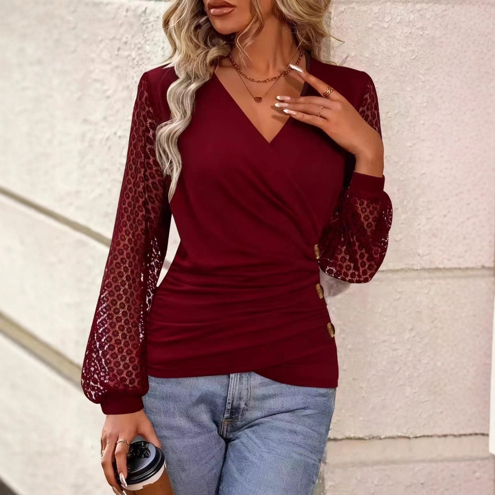 Lace Patchwork Lantern Sleeve Casual T-Shirt Top