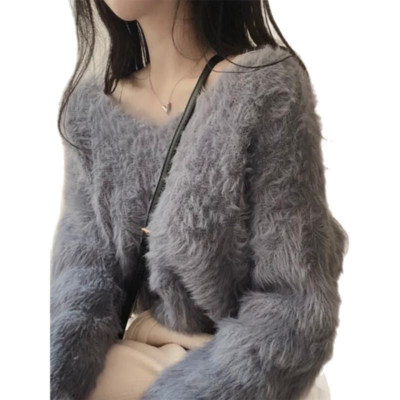 Imitation Mink V-neck Purple Sweater Women's Spring and Autumn Pure Desire