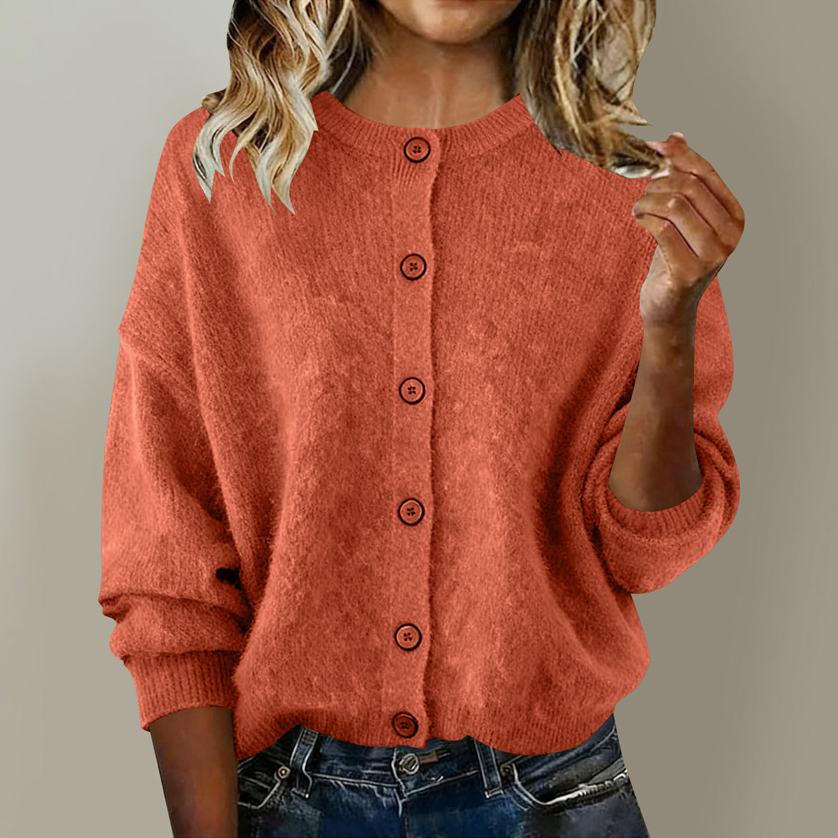 Solid-color Casual Chic Round-neck Long-sleeve Knit Cardigan