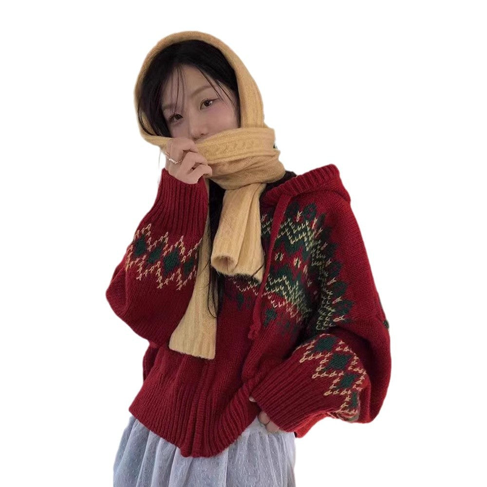 European Style Contrast Color Fair Island Jacquard Loose-fitting Long Sleeve Hoodie Sweater Coat