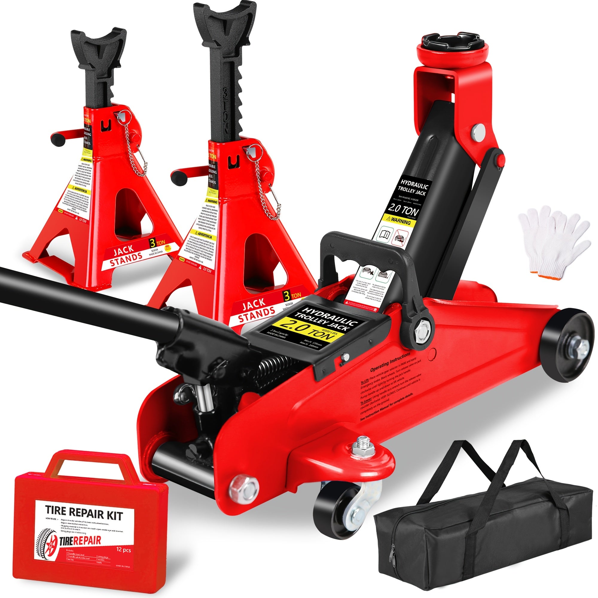 2/2.5/3 Ton Capacity Floor Car Jack Low Profile Garage Hydraulic Trolley Service Lift Floor Jack Combo with With 2 Ratchet 3 Ton Jack Stands, Tire Repair Kit, 14-inch Wheel Cross Wrench, Wheel...