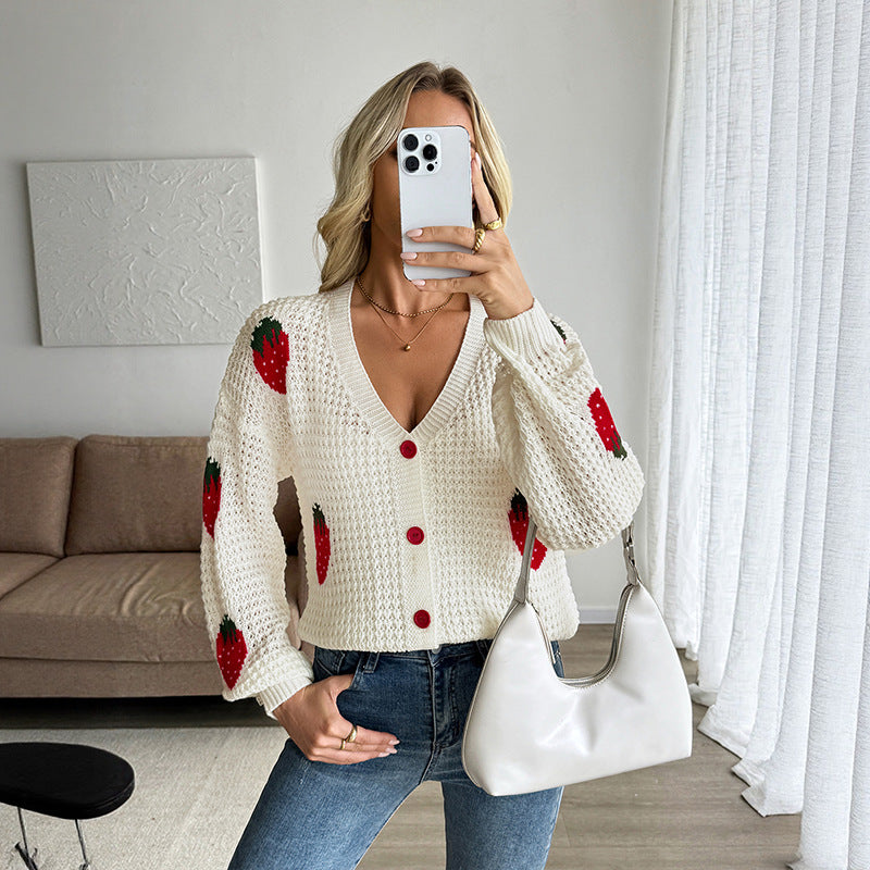 Casual Cardigan European and American Ladies Strawberry Jacquard Sweater