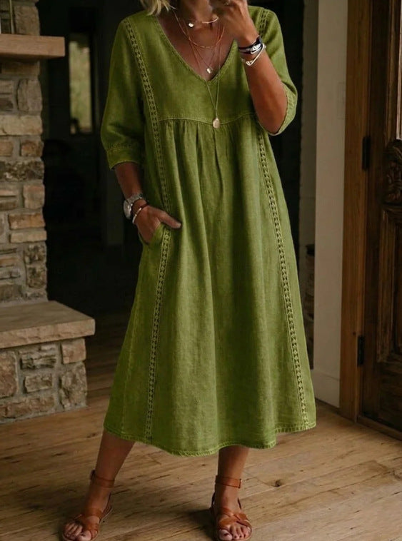 Casual Loose V-neck Stitching Lace Linen Cotton Dress
