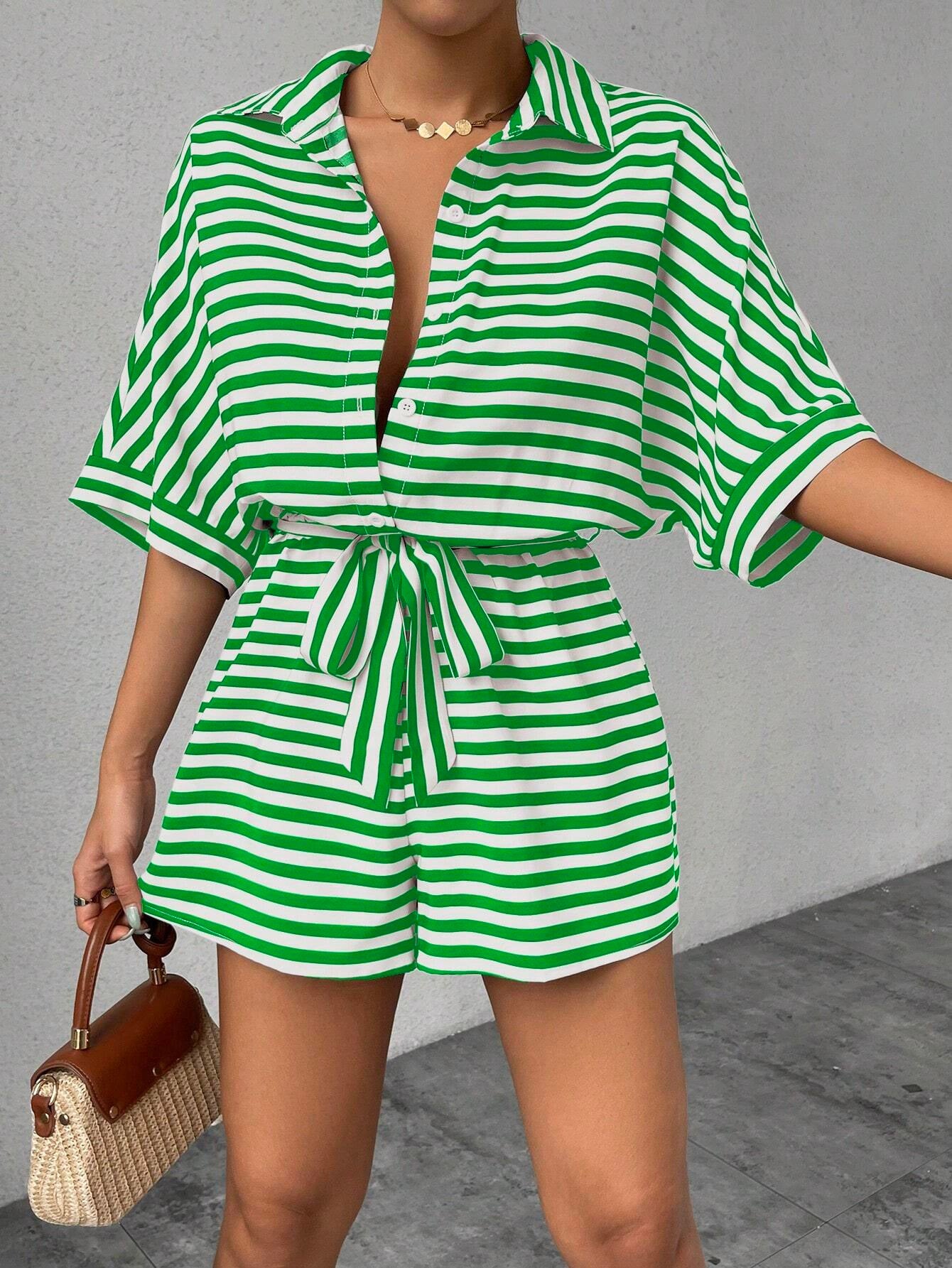 Summer Striped Lapel Belted Jumpsuit
