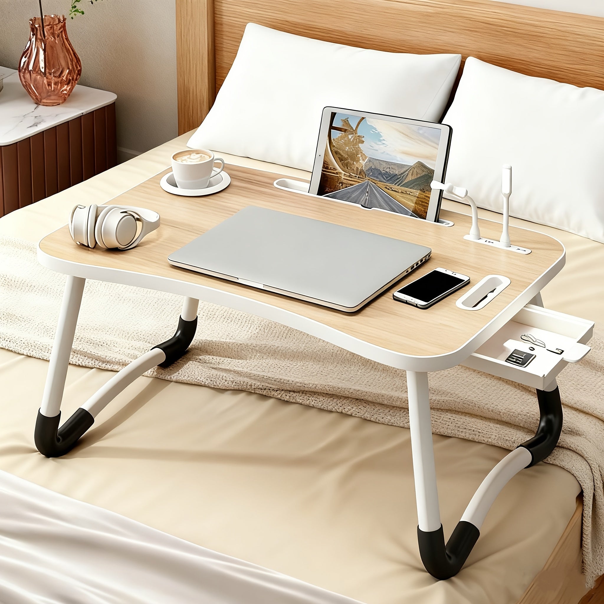 Multifunctional Leg Rest Table With Cup Holder And Drawer, USB, Fan, Light - Portable Foldable Tray For Laptop, Breakfast In Bed, Reading And Writing On Sofa/Couch, Laptop Desk On Bed, School Supplies