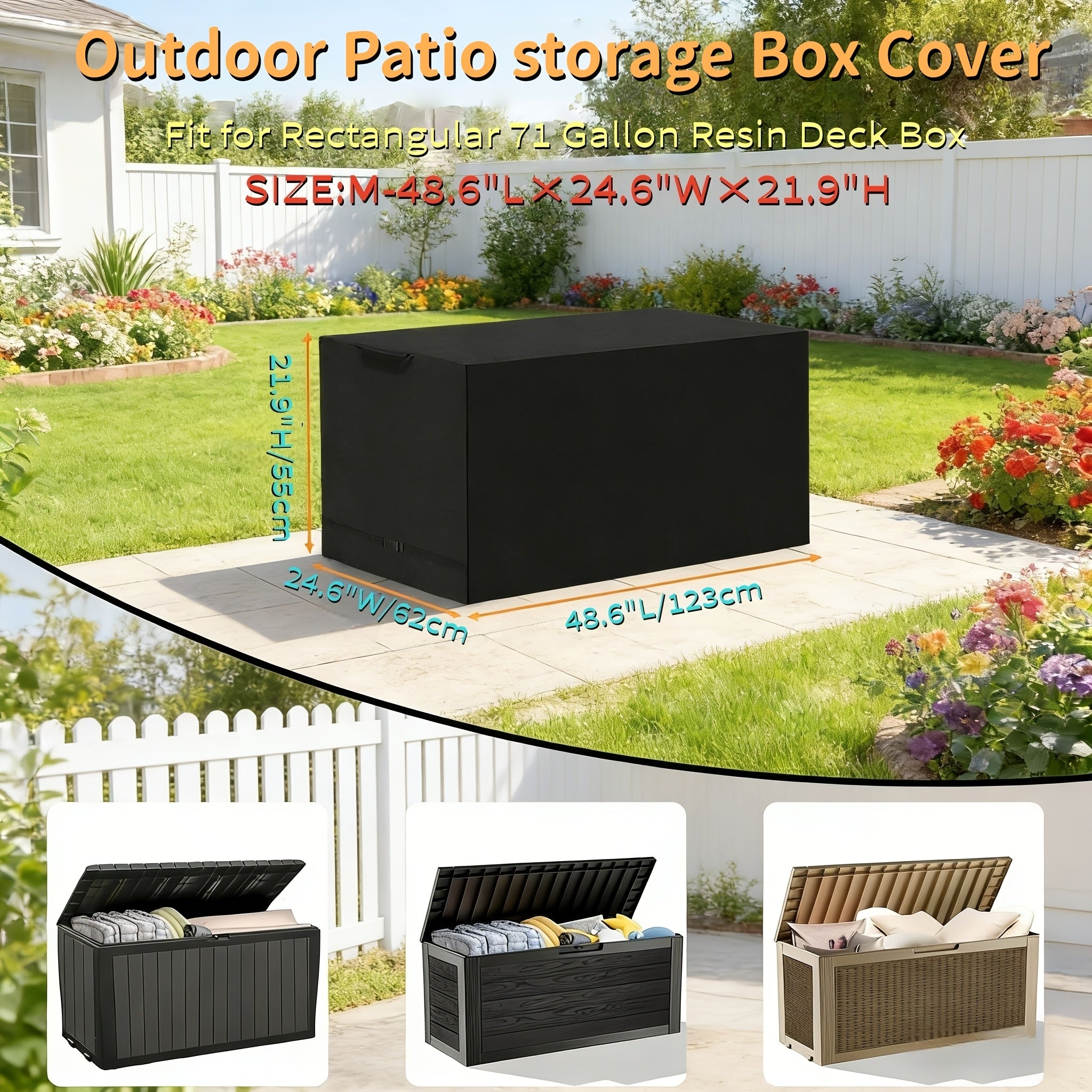 [2 Sizes Available] 1pc Deck Box Cover - Outdoor Storage Box Cover, Heavy-Duty Patio Storage Box Cover, 2 Sizes Available, for Outdoor Storage Box, Cabinet and Rack, Black