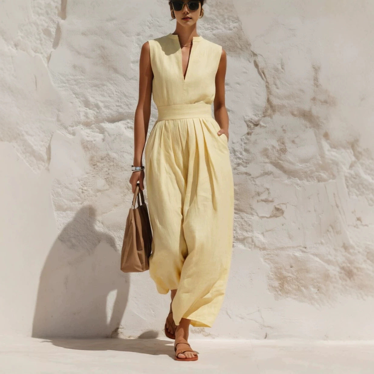Sleeveless High-waisted Loose-fitting Wide-leg Pants Casual Jumpsuit For Women