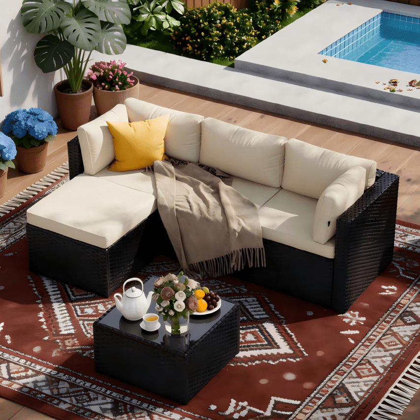 Outdoor Patio Rattan Sofa Set – L-Shaped Sectional with Beige Cushions, Glass Top Coffee Table & Ottoman, All-Weather Wicker Furniture for Garden, Poolside, Backyard – Four Color Cushions & Black Wicker Frame