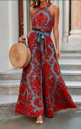 Vintage Summer Slim-fit Belted Wide-leg Jumpsuit