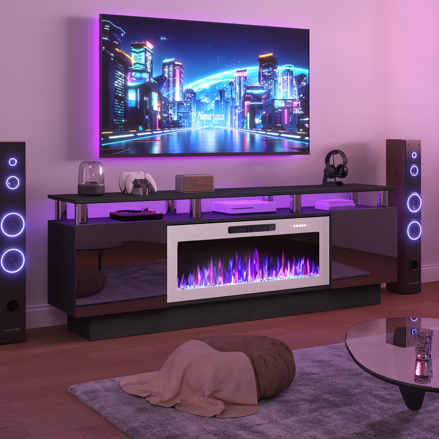 36‑Inch Electric Fireplace TV Stand – 2‑Tier Modern Wood Media Console with 70‑Inch LED Light