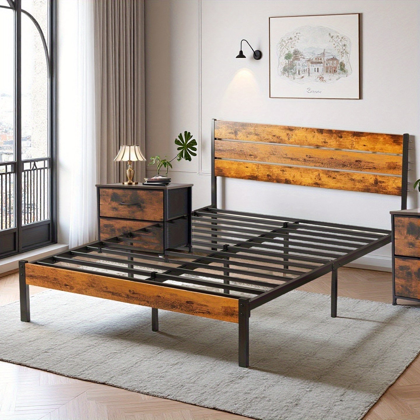 Metal Frame Bed Frame with Headboard, No Box Spring, Has Sturdy Wood Slats to Support 800 Lbs, Can Be Purchased Separately Or with a 2pcs Bedside Organizer (Fabric Drawer with 2 Storage Unit Compar...