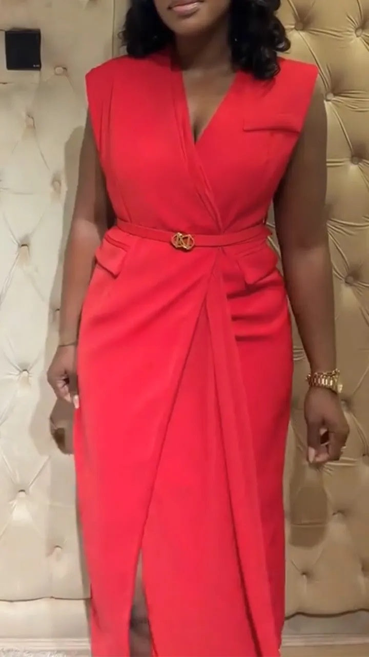 Womens Solid-color Lace-up Sleeveless Suit Dress