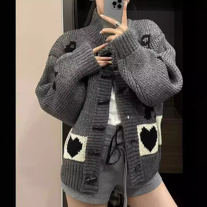 Pattern Stand Collar Knitted Coat for Women