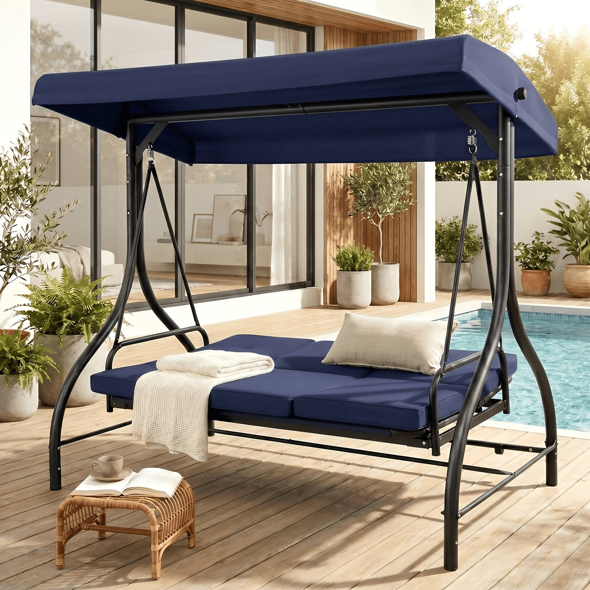 Covered Outdoor Patio Swing Glider with Canopy And Heavy Duty Stand, Adjustable Canopy And Removable Padded Seat, for Adults, Ideal for Porch, Garden, Lawn, Rust Proof Construction for Long Life(Pillow Not Included)
