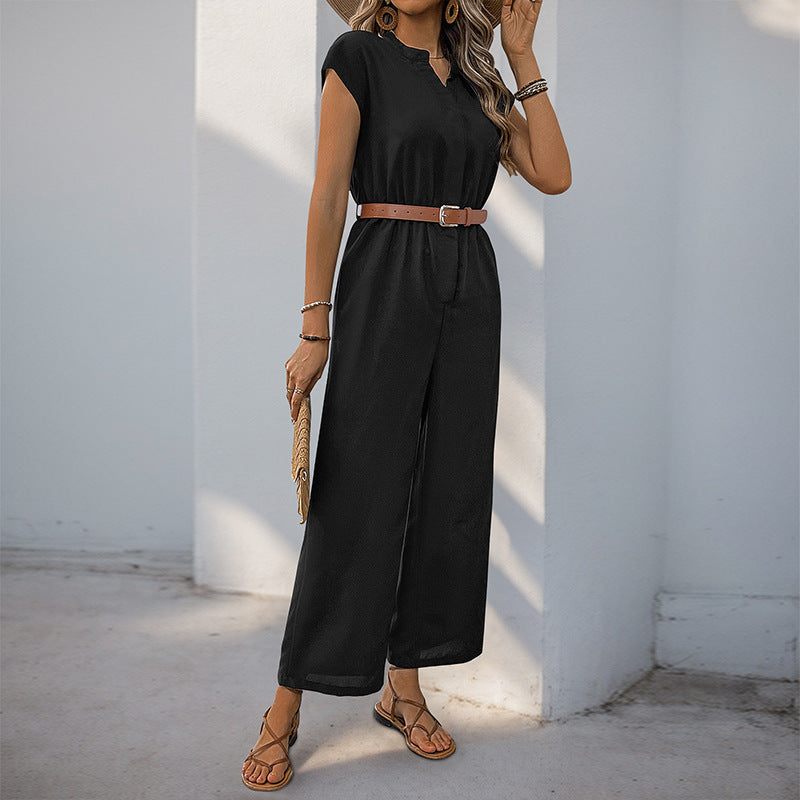 Casual Chic Waist-Cinched Short-Sleeve V-Neck Straight-Jump Suit For Women