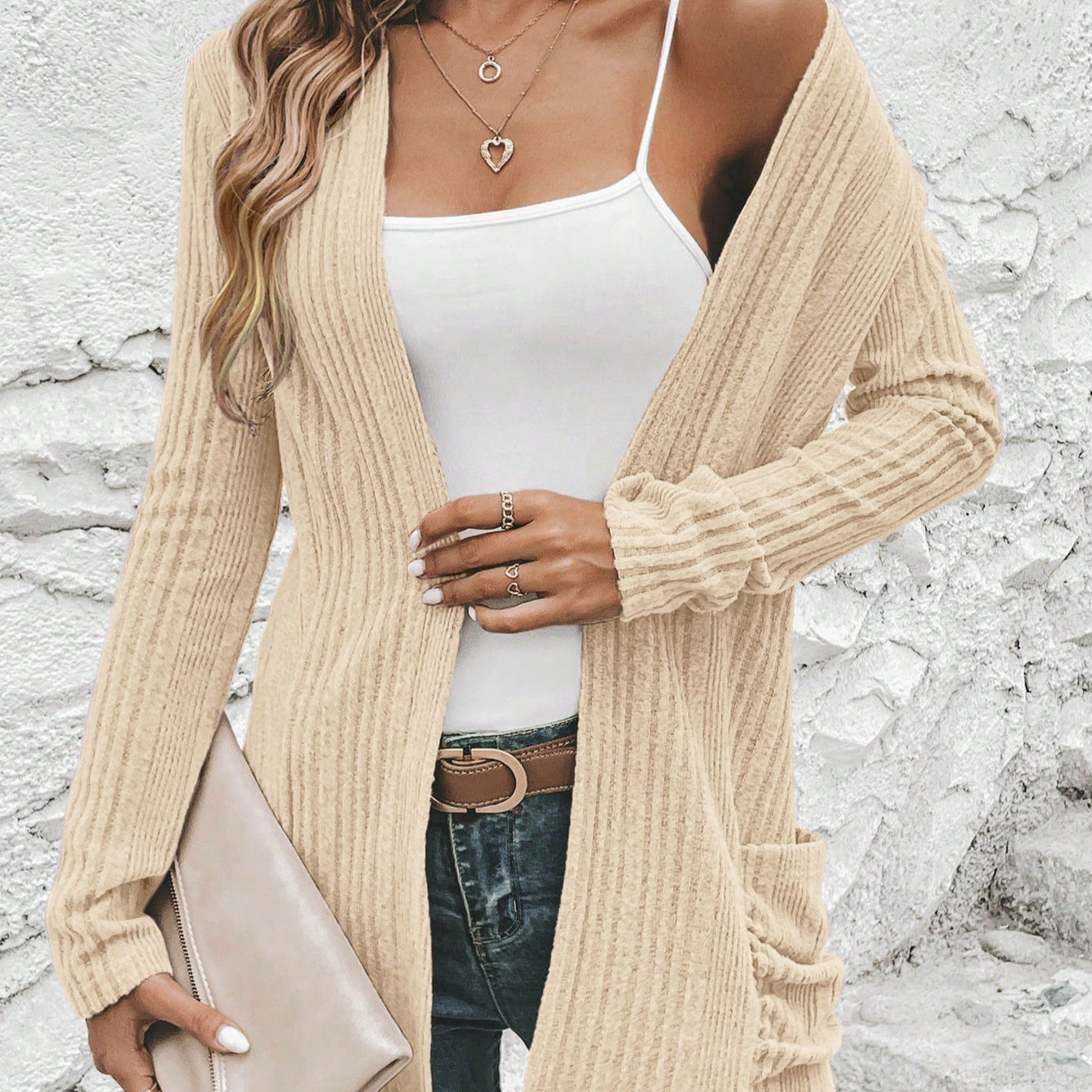 Apricot Ribbed Patchwork Long‑Sleeve Casual Jacket