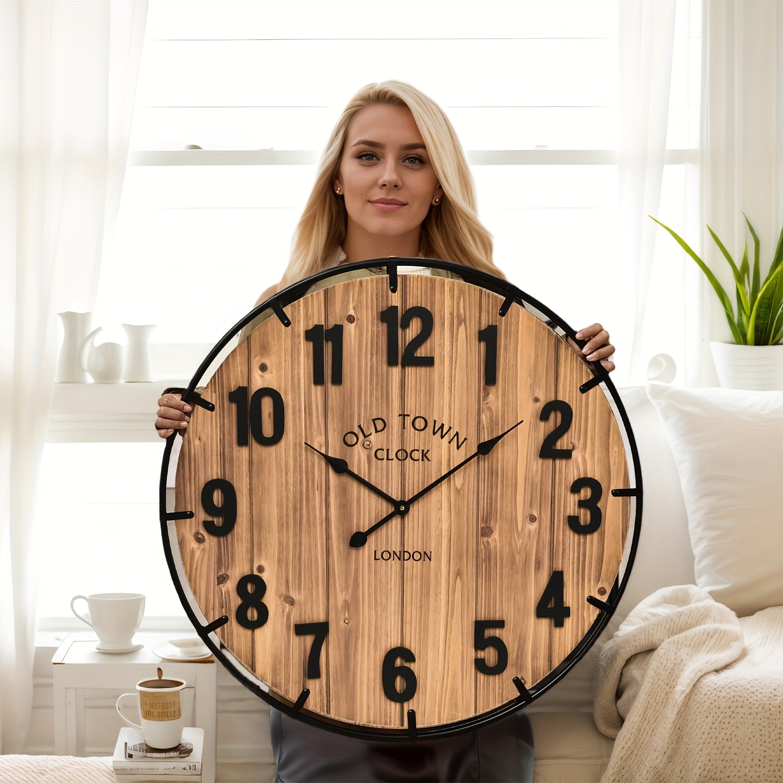 Large Farmhouse Wall Clock-Large Wall Clock 30 Inches - Old Town Rustic Antique Wood With Metal Circle And Large Numerals Silent Battery Operated Wall Clock For Office Kitchen Bedroom Living Room, Mother'S Day Gifts, For Mother'S Day