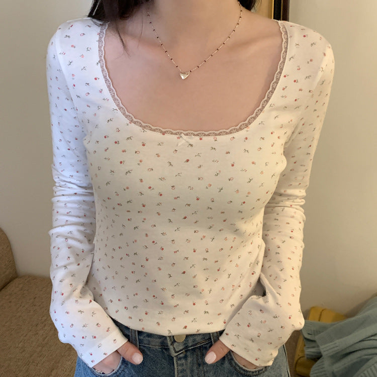 Floral Lace Long Sleeve Slim Crop Top