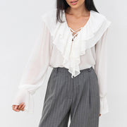 Women's Chiffon Loose Pullover Ruffle-Trimmed V-Neck Shirt