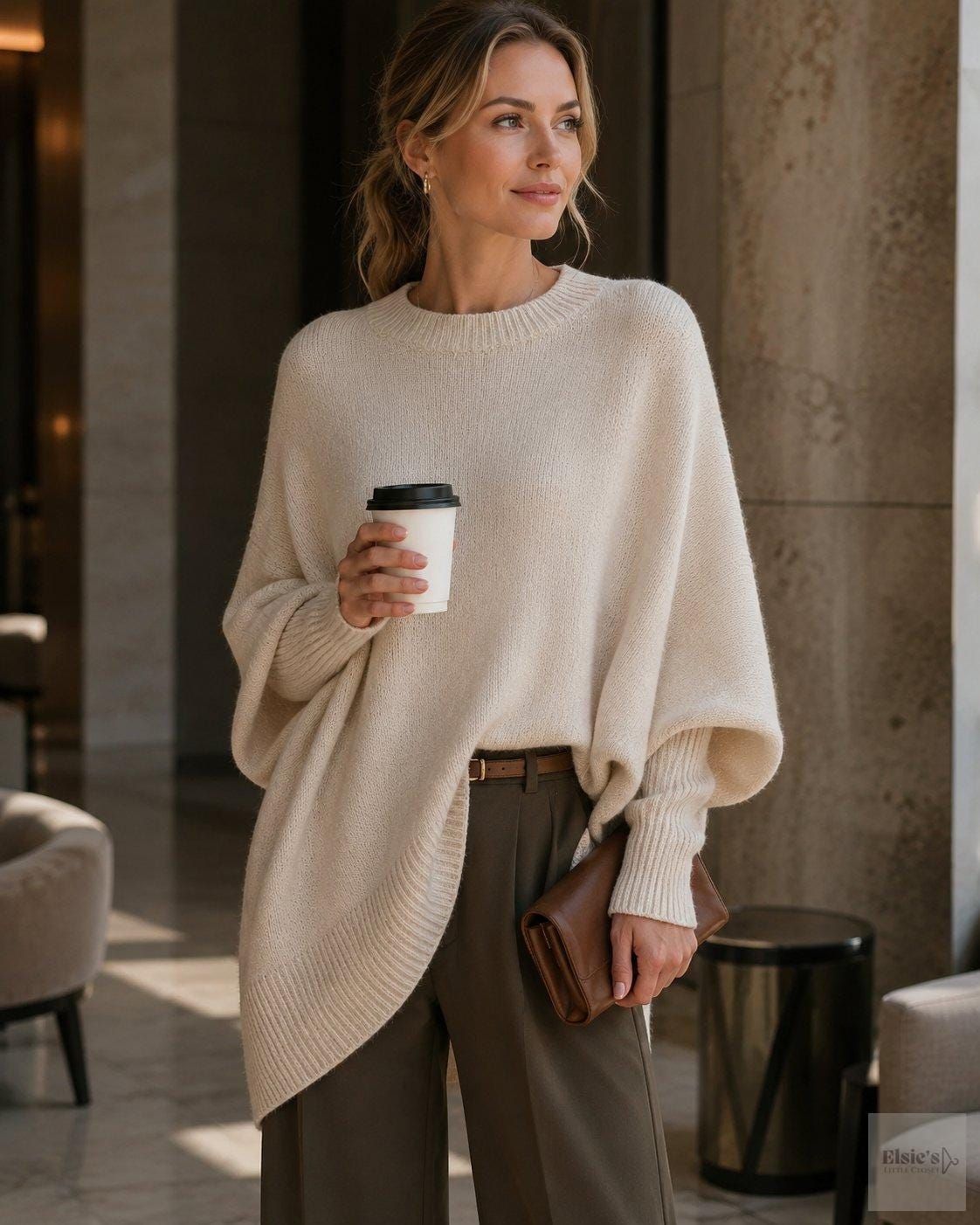 Womens Loose-fitting, Laid-back Style Crew-neck Knit Sweater