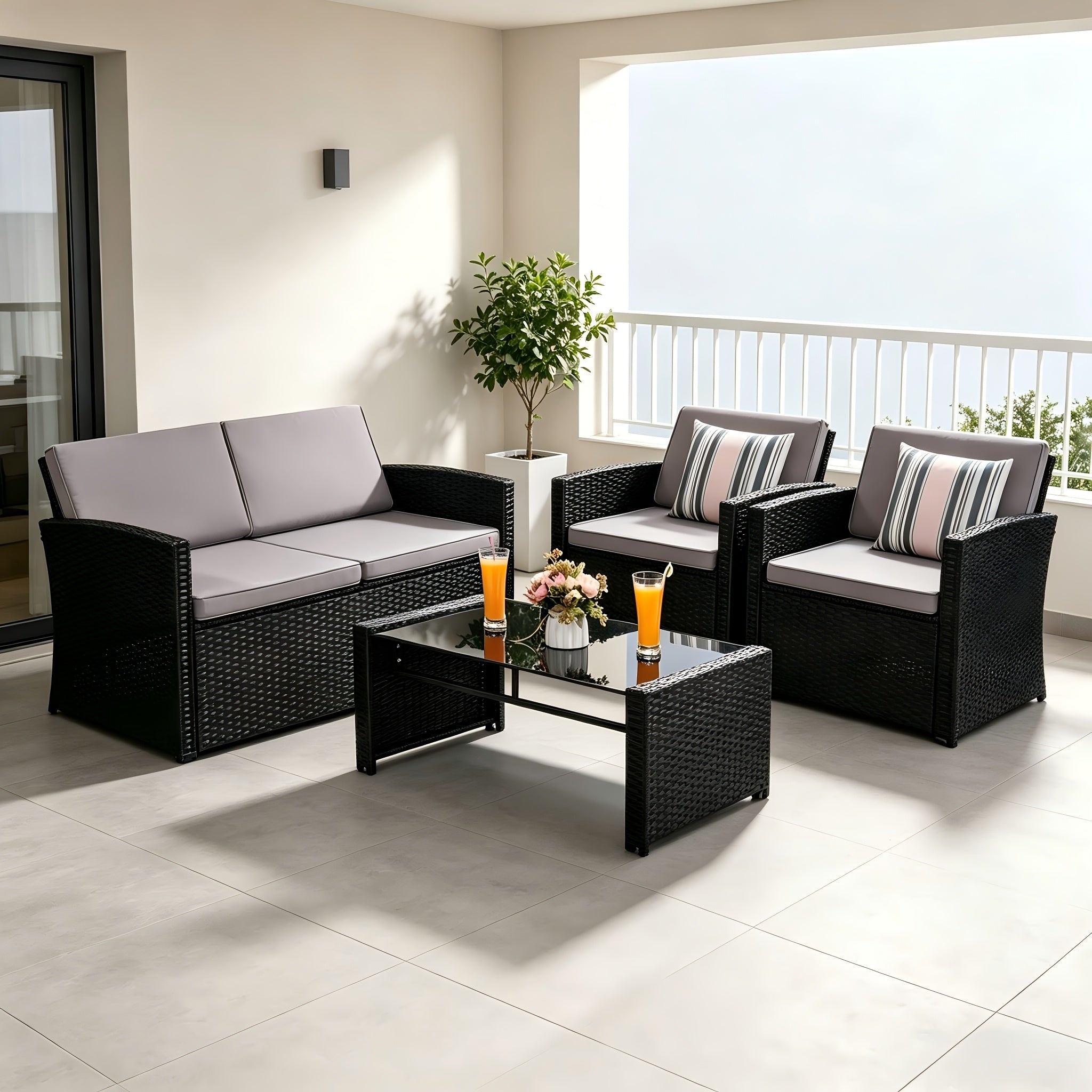 4pcs All-Weather PE Rattan Patio Furniture Set, Outdoor Wicker Sofa with Cushions & Glass Coffee Table for Backyard Garden Balcony