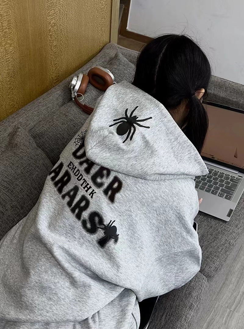 Retro Spider Letter Graphic Oversized Hoodie for Women