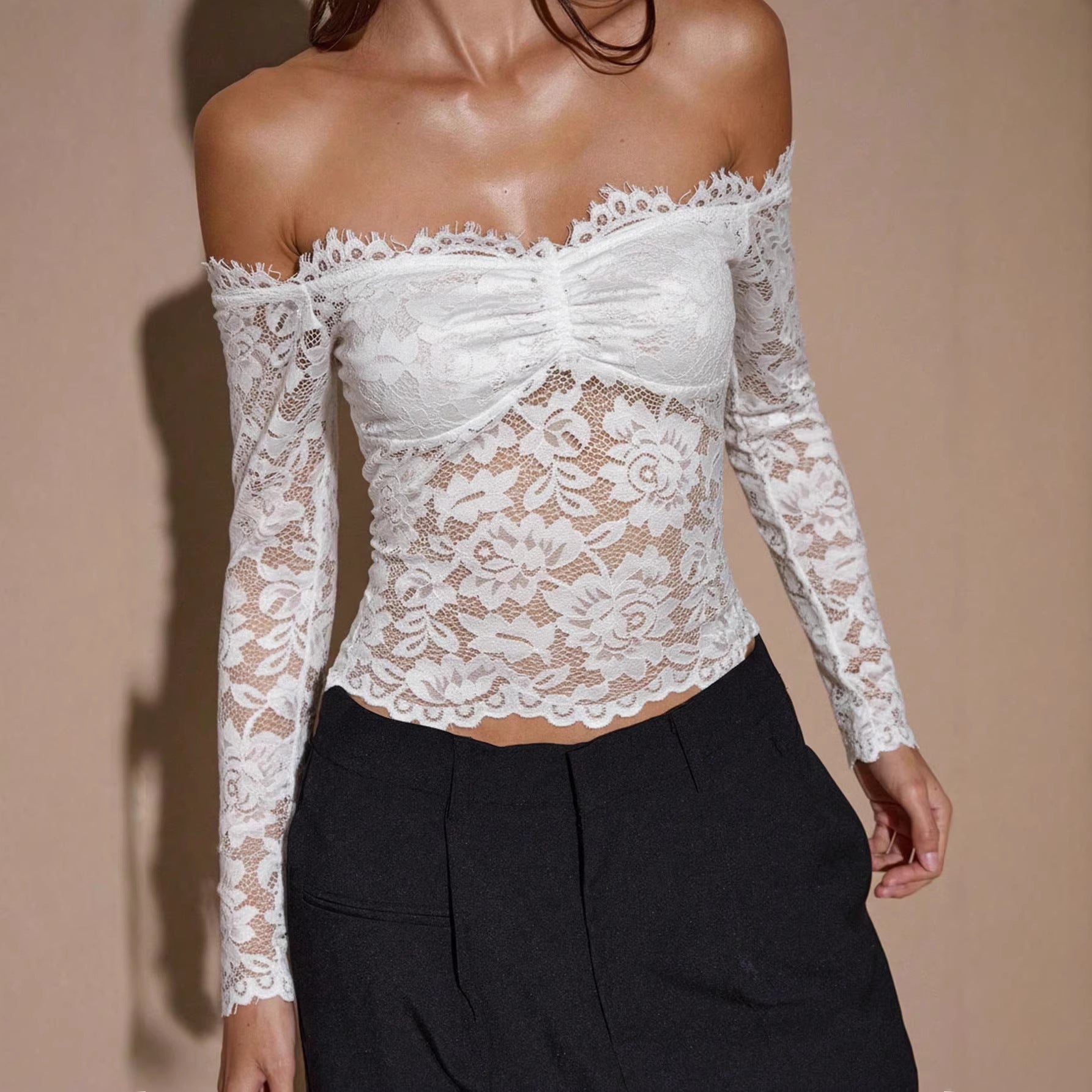 Off-Shoulder Lace Trim Long Sleeve Blouse – Chic Street Style