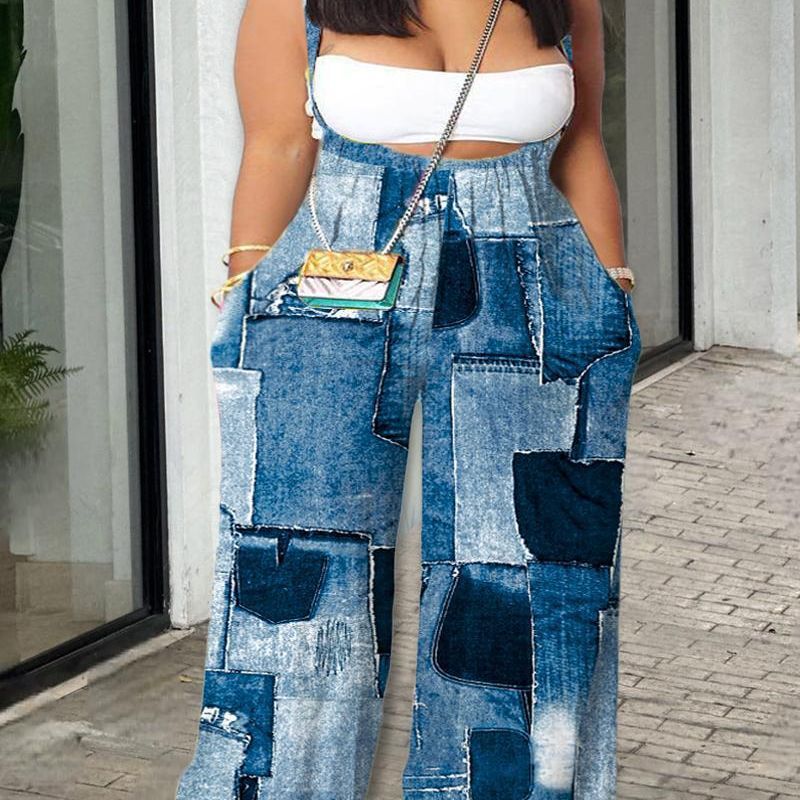 Plus Size Printed Loose Wide-Leg Overalls