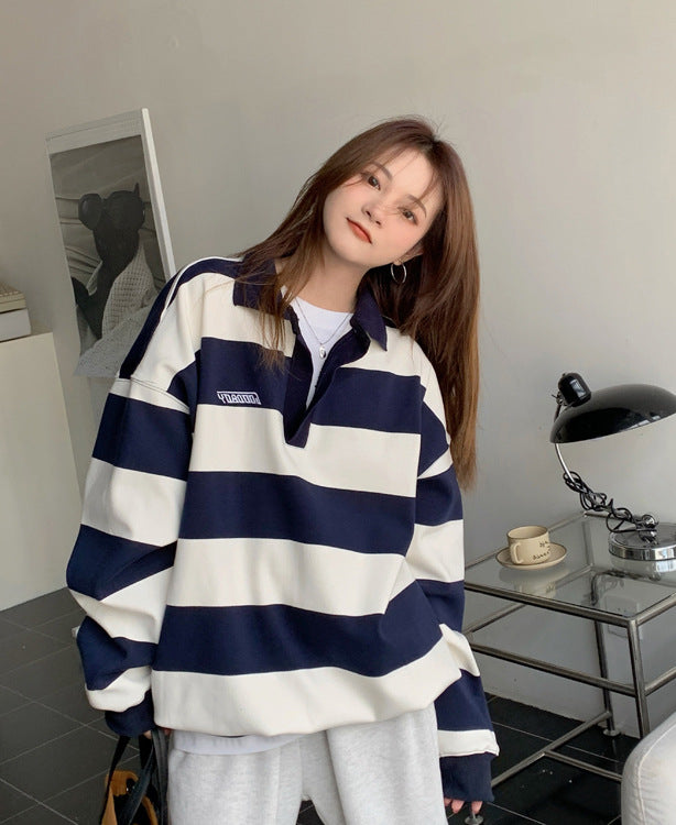 Retro Striped Polo Sweater for Women | Chic Casual Knitwear