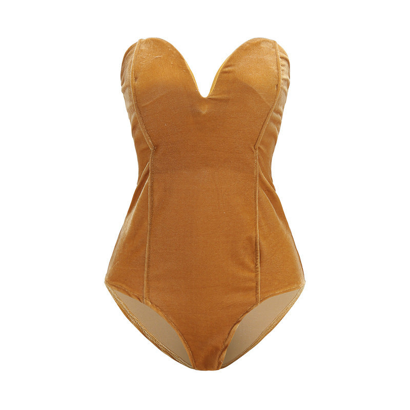 Gold velvet sexy tube top opensuit