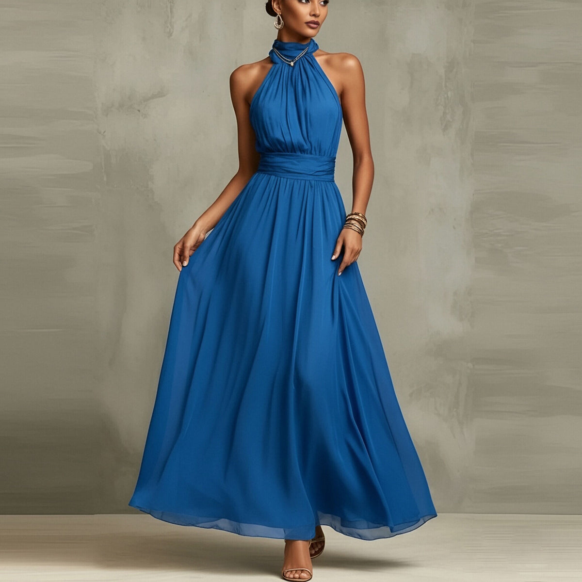 Elegant Summer Halter Neck Sleeveless Printed Long Dress