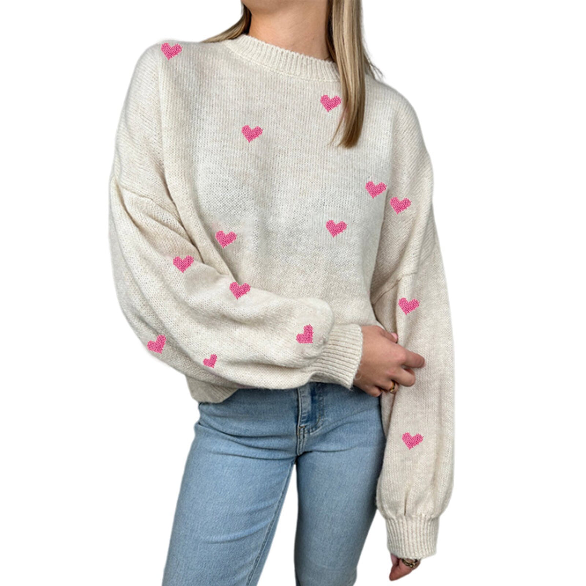 Knitted Heart Round Neck Casual Sweater