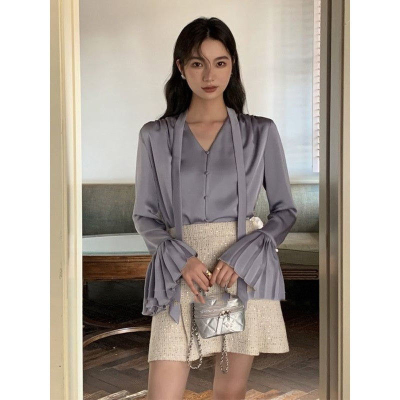 Women's Ruffled Sleeve Top Loose Shirt With Ribbon