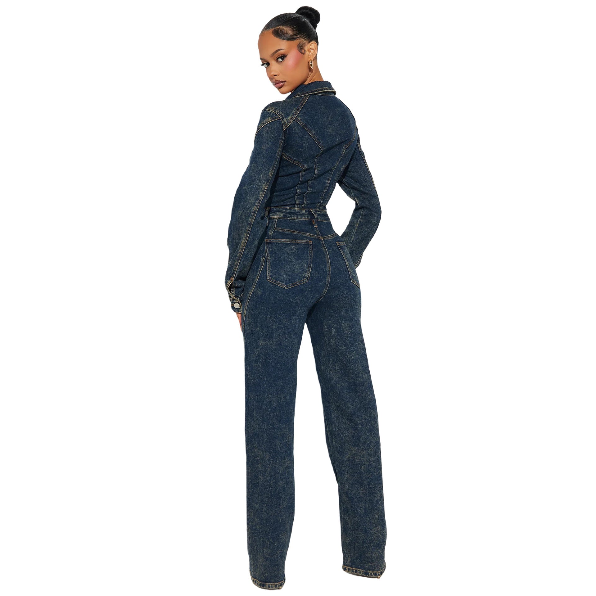 Washed Distressed Long-Sleeve Denim Jumpsuit