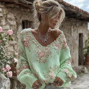 V-neck Pullover with a Premium Printed Faux-knit Design
