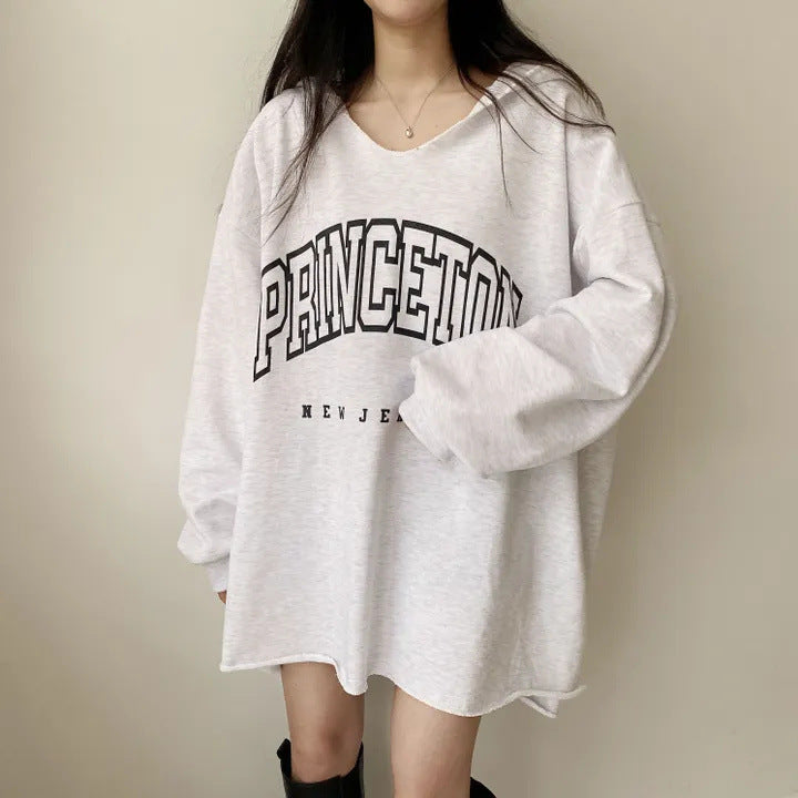 Korean Style Letter Print Loose Hooded Casual Sweater
