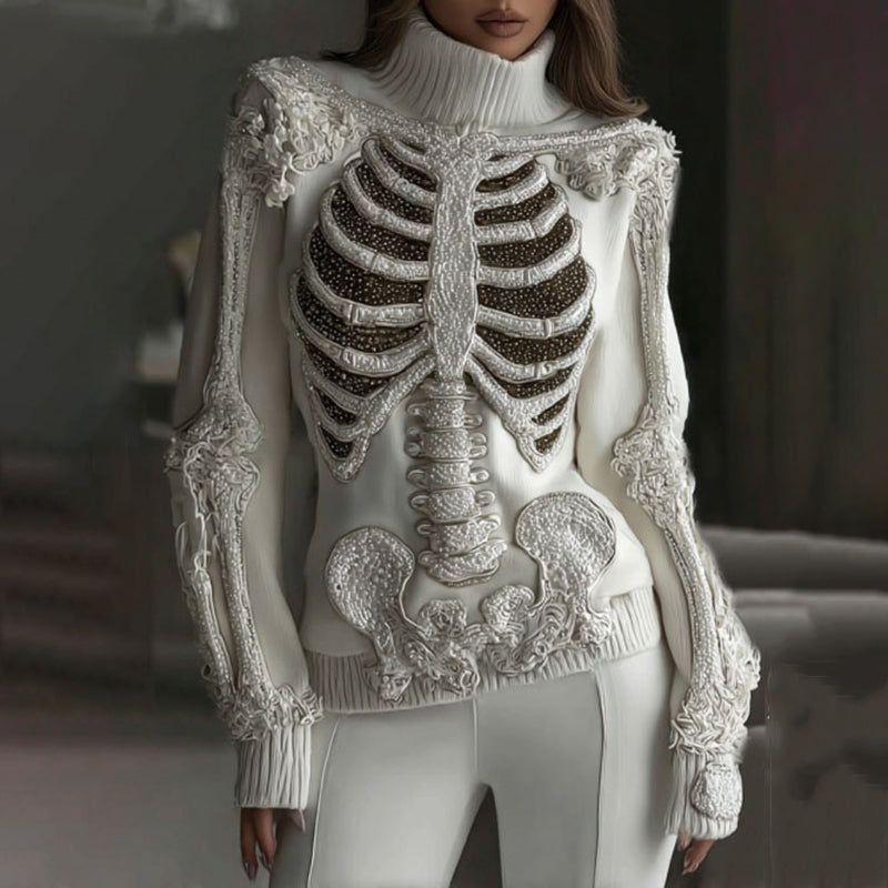 Womens 3d Digital-print Crew-neck Loose Sweater