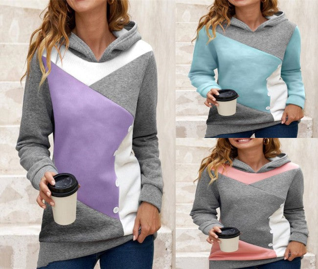 Color Block Fleece Hooded Sweatshirt for Women