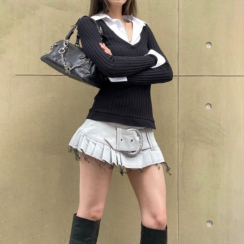 College Style Polo Collar Stitching Fake Two-piece Long Sleeve