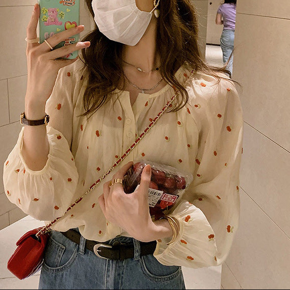 Chic French Dot Long-Sleeve Slim Fit Women's Shirt