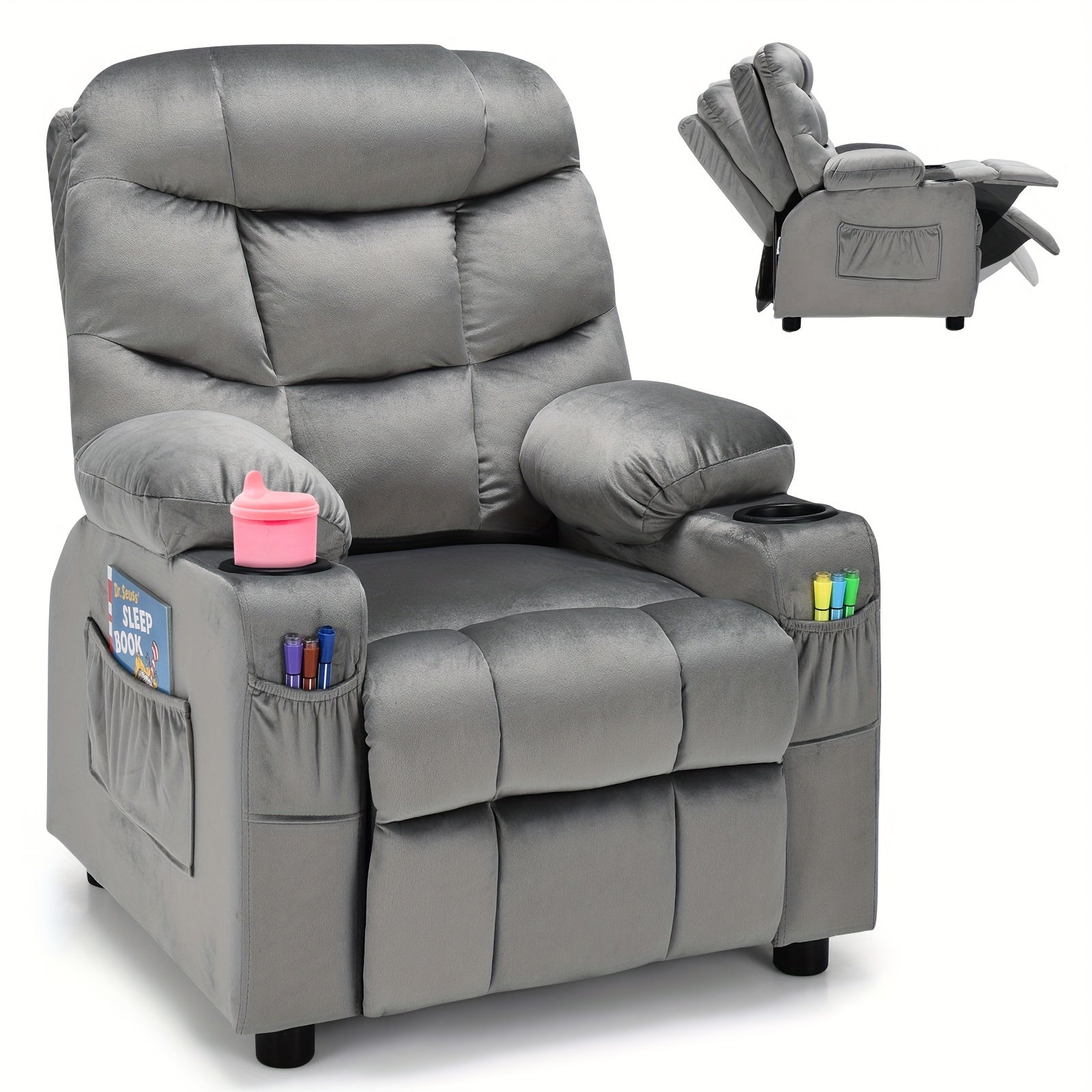 Pink Velvet Recliner Chair for Girls with Cup Holder and Storage Pocket, Heavy‑Duty 300 lb Capacity, Manual Recline, Safety Belt, Available in Multiple Colors