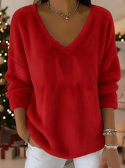New Womens Plush Pullover with a Drop-shoulder V-neck and Long Sleeves
